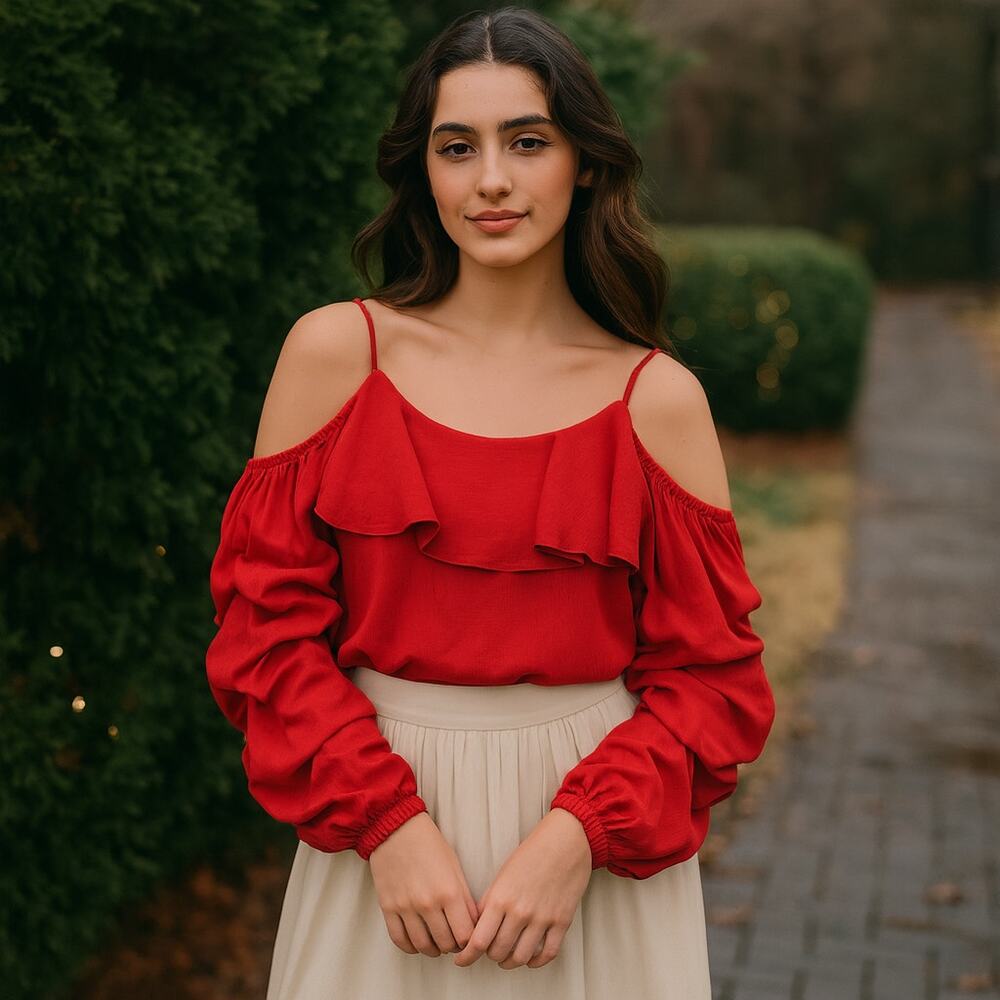 Size L Cold Shoulder Ruffle Sleeves Poppy Red Top Blouse Valentines Date Night